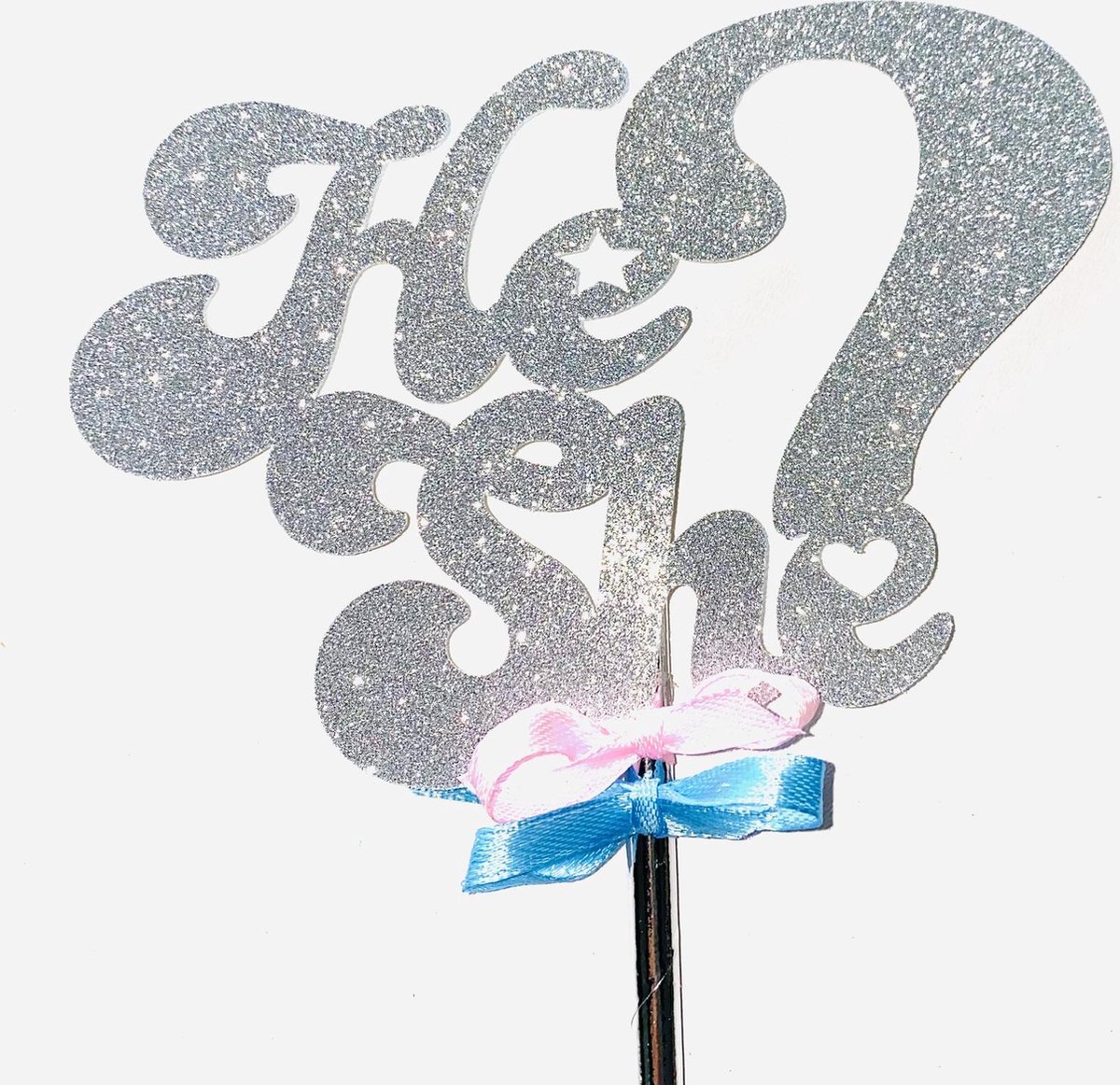 Taarttopper| Cake topper |Baby| He or She| Zilver glitter|14 cm| karton